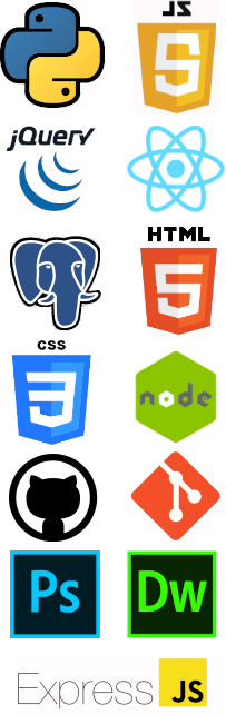 Image showing logos for HTML5, CSS3, Python, Javascript, JQuery, React, Angular, Node, Express, SQL, PostgreSQL, Python, and Github